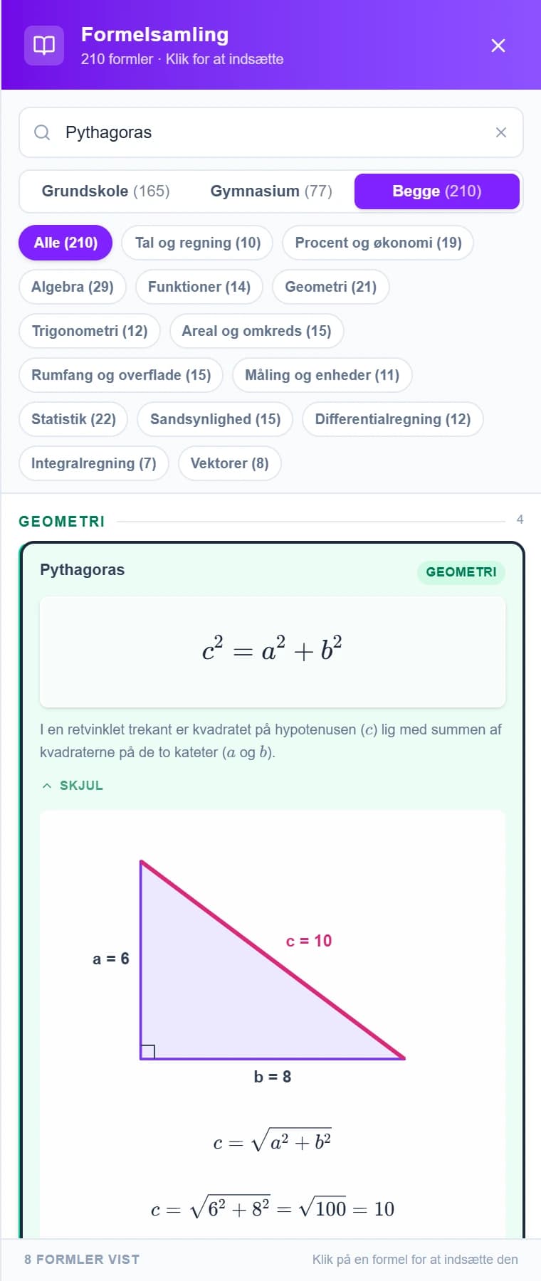 Formelsamlingen med Pythagoras og en figur med skydere.