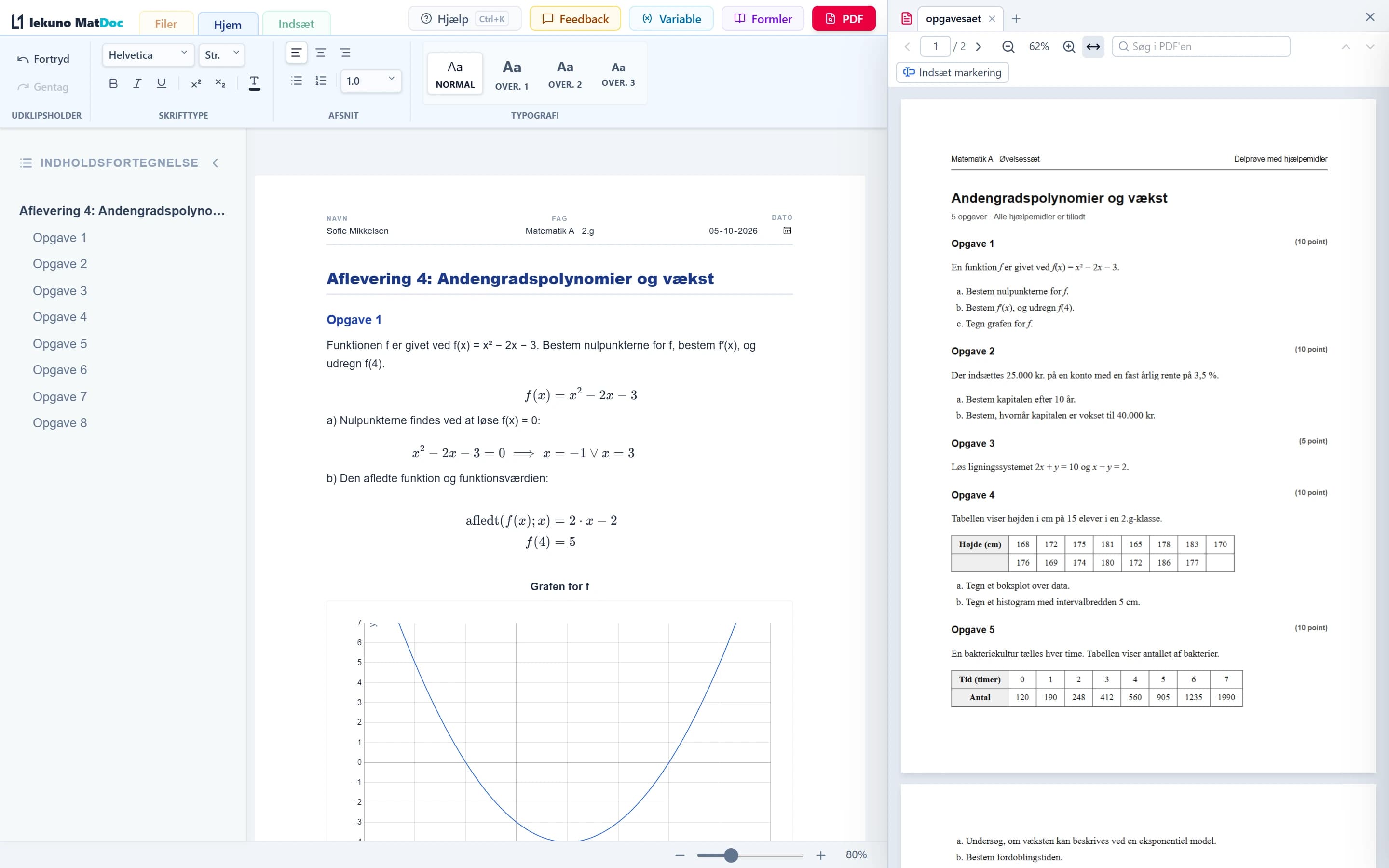 MatDoc med et opgavesæt som PDF i et panel ved siden af besvarelsen.