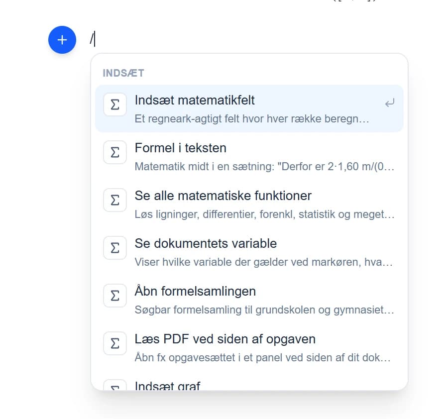 /-menuen med matematikfelt, formel i teksten, formelsamling og PDF.